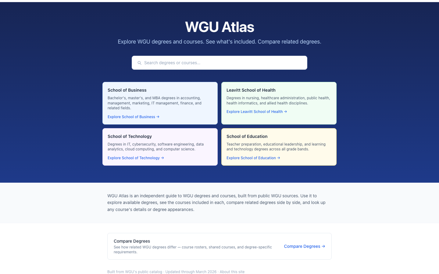 WGU Atlas interface for comparing degrees and courses