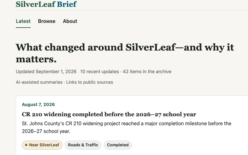 SilverLeaf Brief showing a dated briefing update and its source-linked topic tags