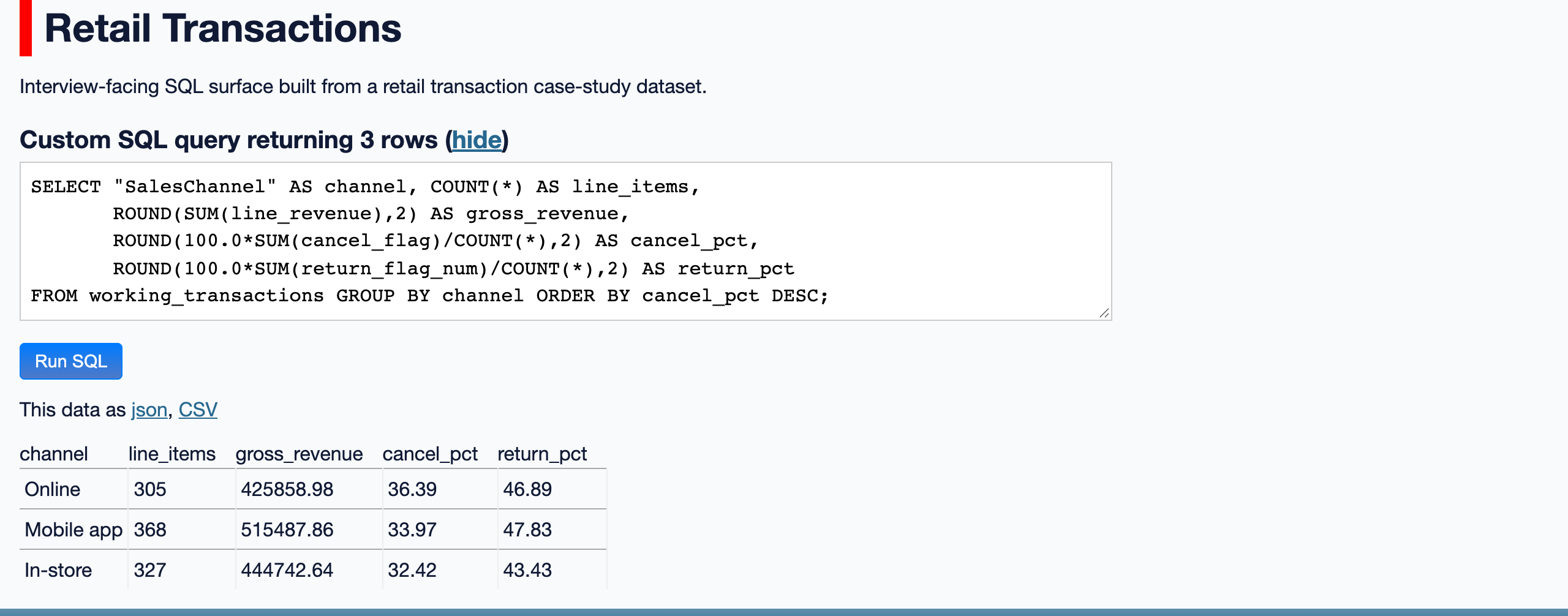 Datasette Lite SQL editor running an aggregation against the working layer, with the three-row result table below